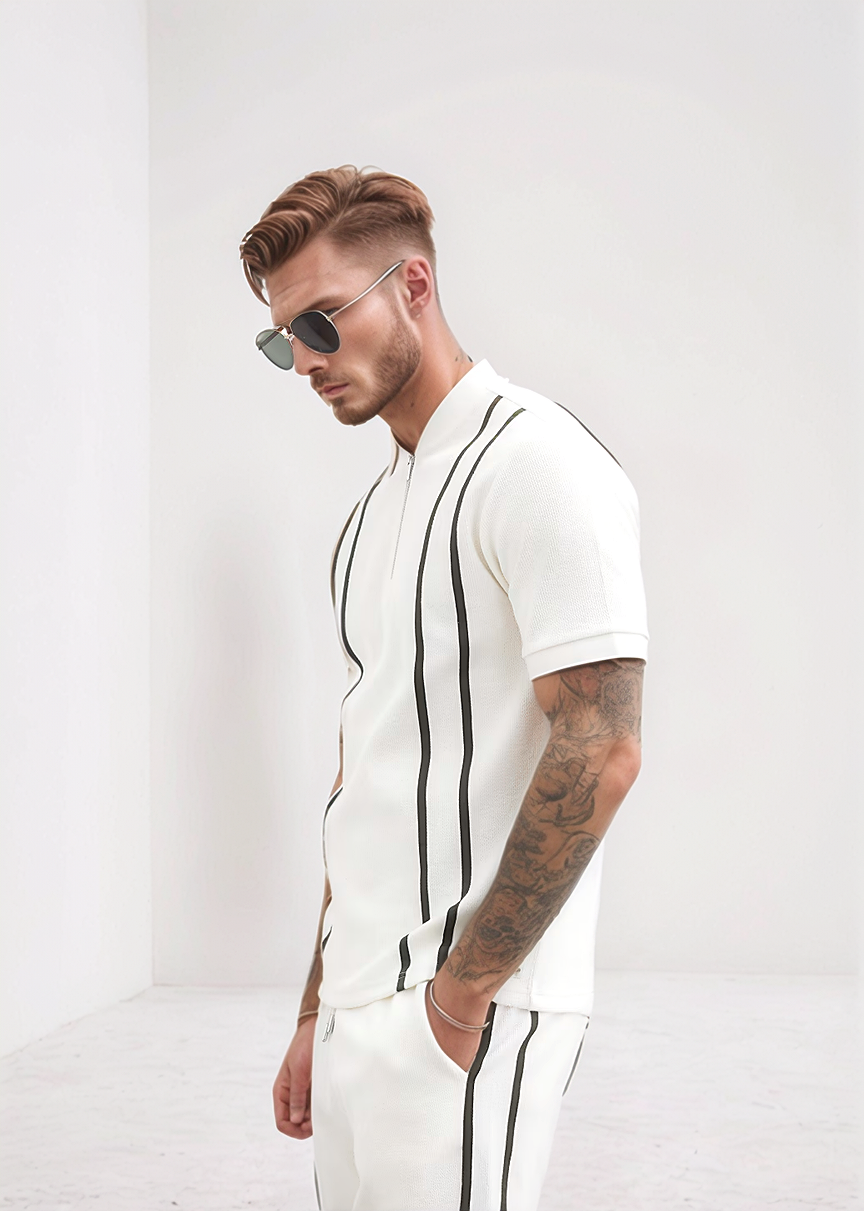 White Retro Zip Polo with Stripe Detailing